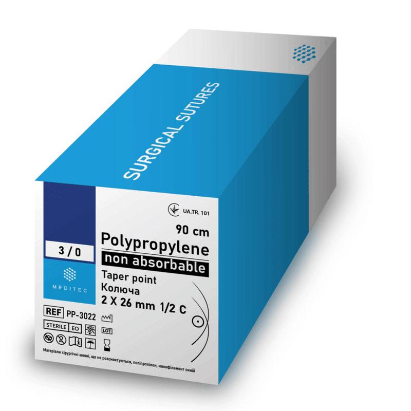 Поліпропілен, USP 4/0 (М1,5), 90 см, голка колюча, 2х22 мм, 3/8 С, РР-401221